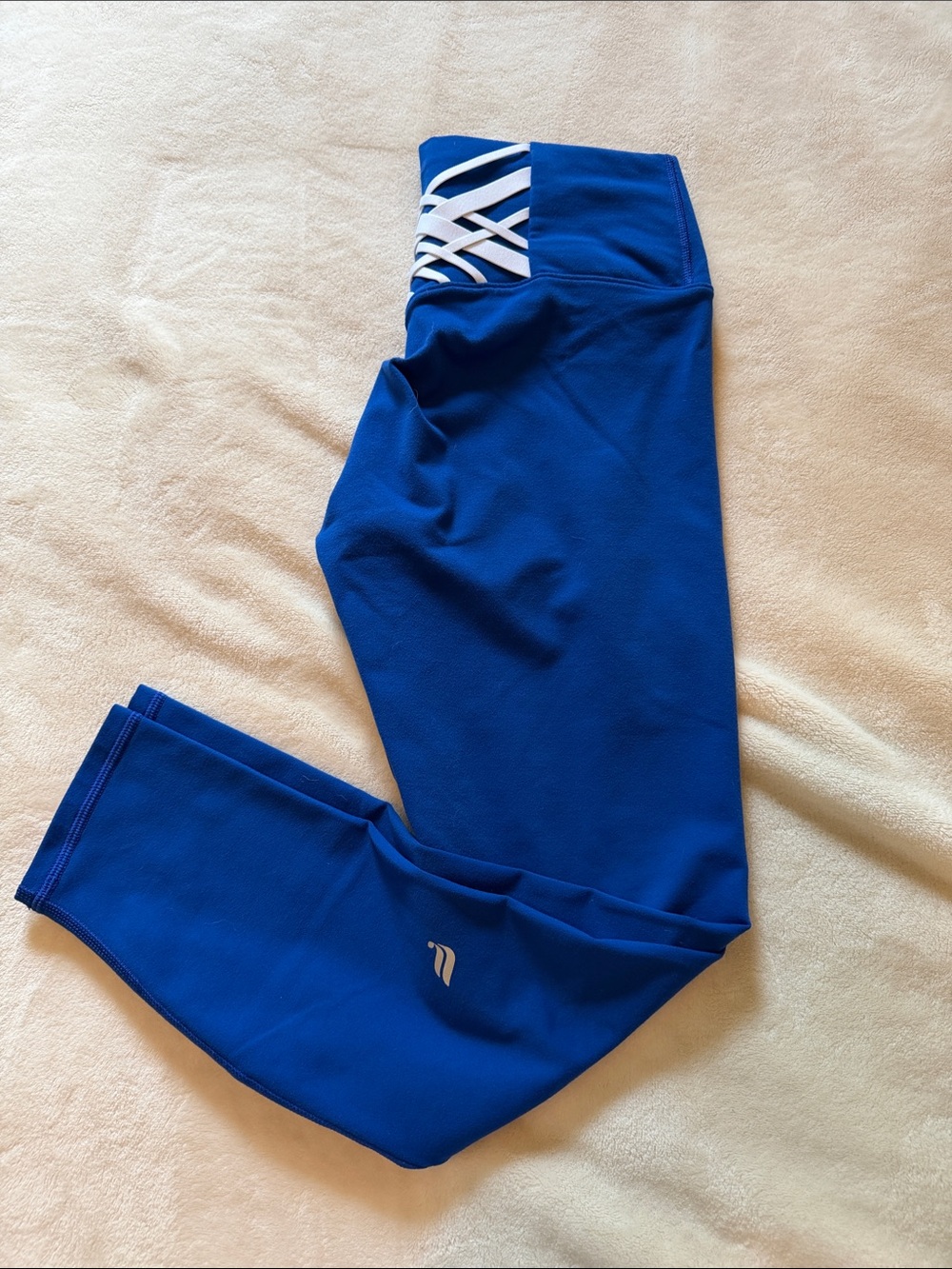 Fabletics Royal Blue Leggings with White Crisscross Waist